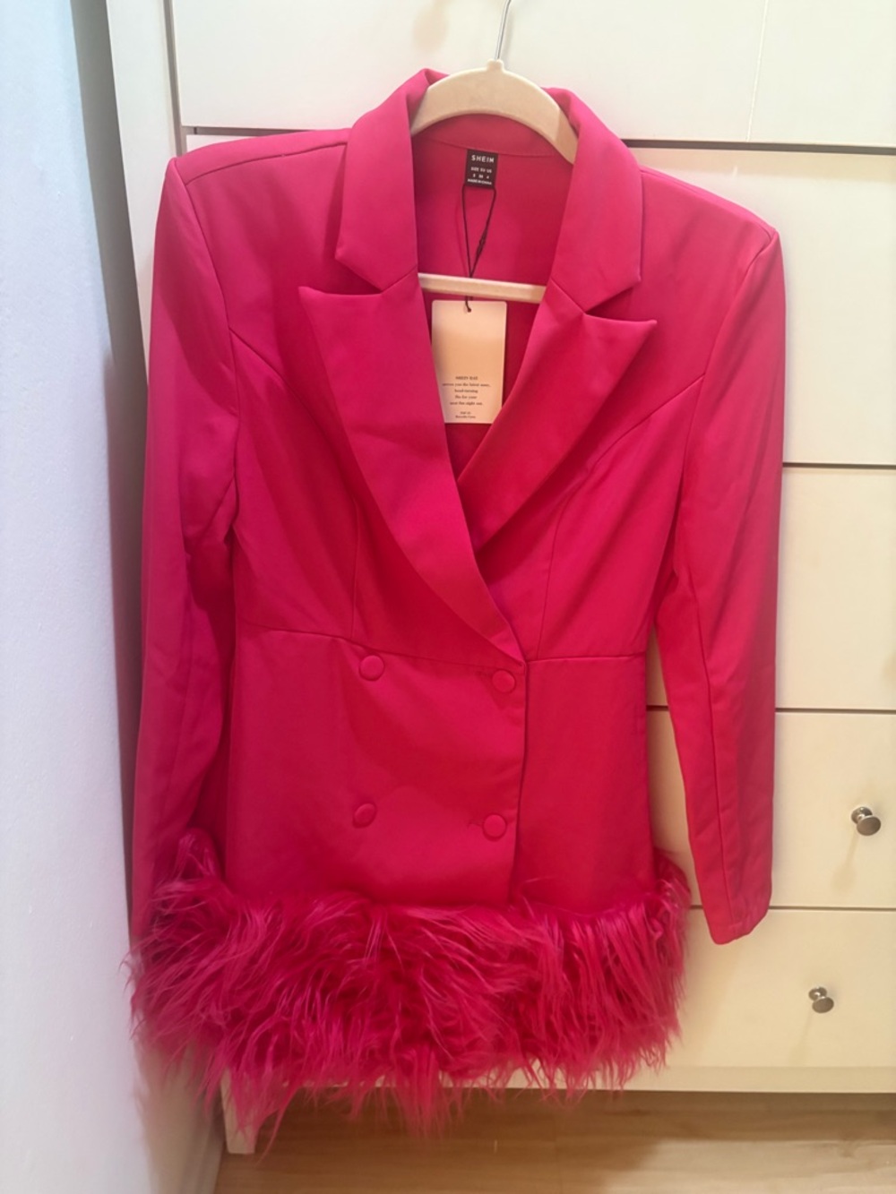 SHEIN Hot Pink Feather-Hem Double-Breasted Blazer
